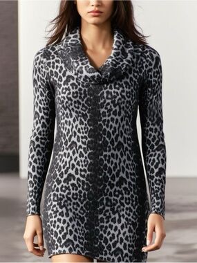 Cache Silver Gray Sparkle Leopard Sweater Size XL Cowl Neck Long Fitted Y2K Mob